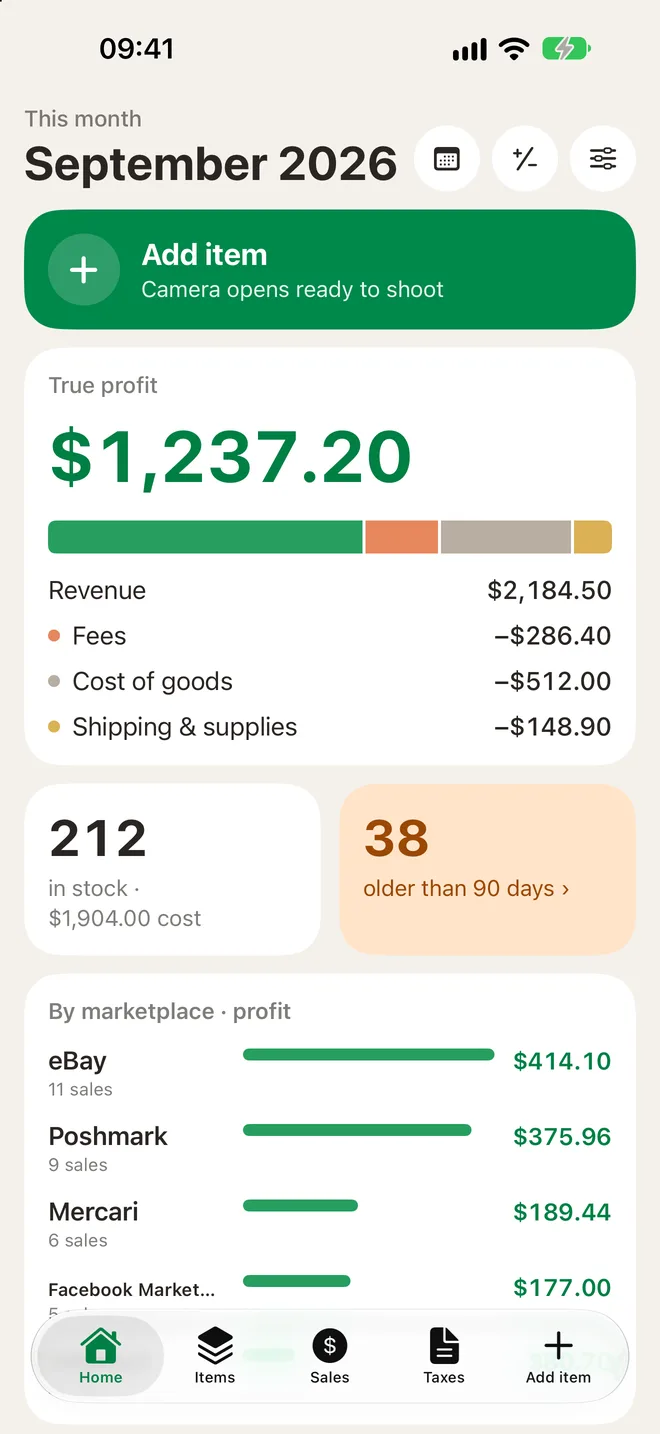 ToteTally Home screen: September true profit $1,237.20 with revenue, fees, cost of goods and shipping