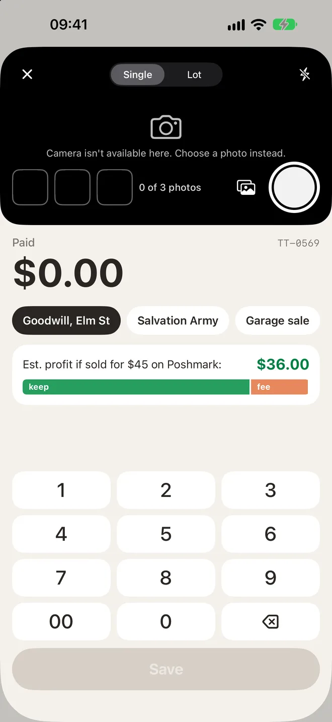Quick add screen with the camera, $8.00 paid, store chips and the estimated profit